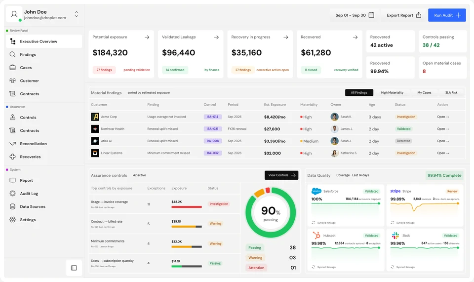 The Droplet dashboard in the light theme: audit status, revenue at risk, findings and cases, with demo data.