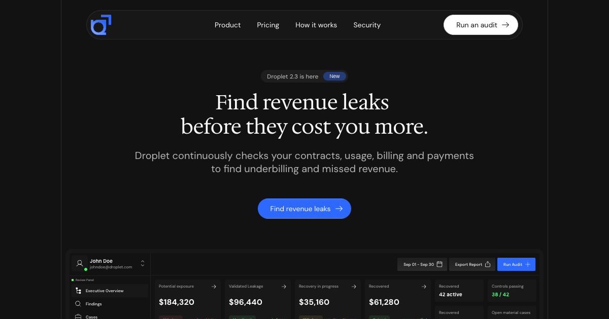 Droplet's social card: find revenue leaks before they cost you more.